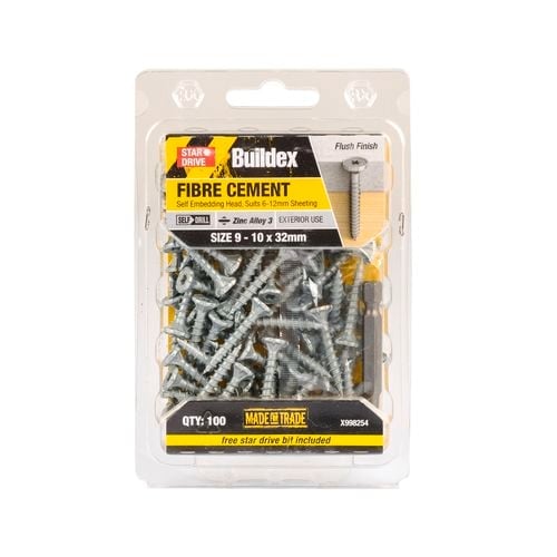 BUILDEX 9-10 X 32MM ZINC ALLOY FIBRE CEMENT SCREW 100PK