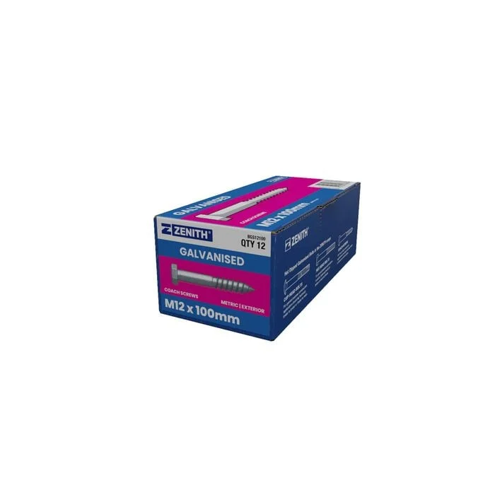 ZENITH M12 x 100mm Hot Dip Galvanised Hex Head Coach Screws - 12 Pack