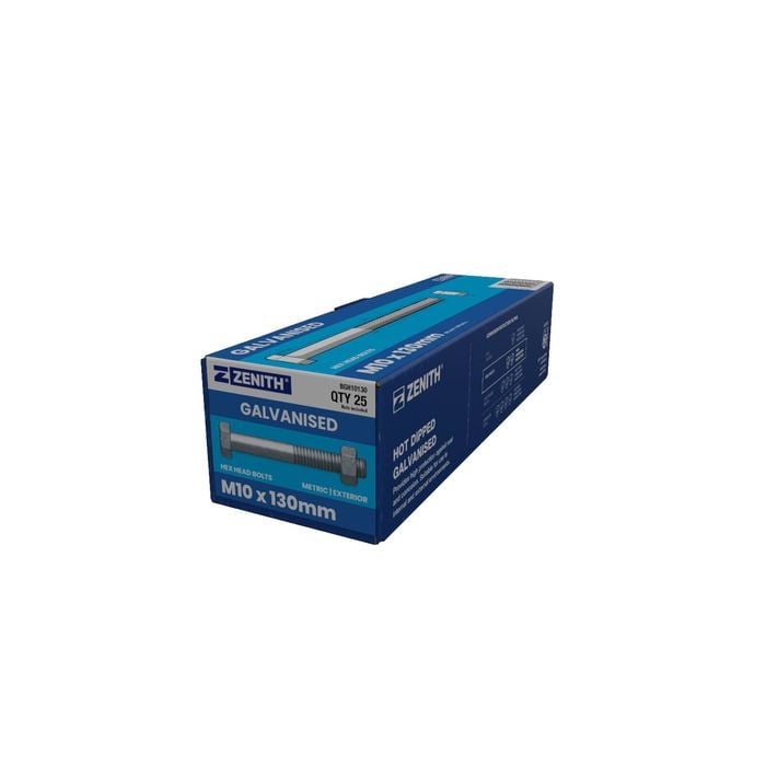 ZENITH M10 x 130mm Hot Dip Galvanised Hex Head Bolts & Nuts - 25 Pack