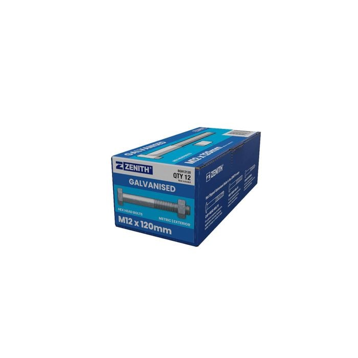 ZENITH M12 x 120mm Hot Dip Galvanised Hex Head Bolts and Nuts - 12 Pack