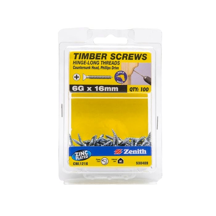 Zenith 6G x 16mm Zinc Plated Hinge-Long Thread Countersunk Head Timber Screws - 100 Pack
