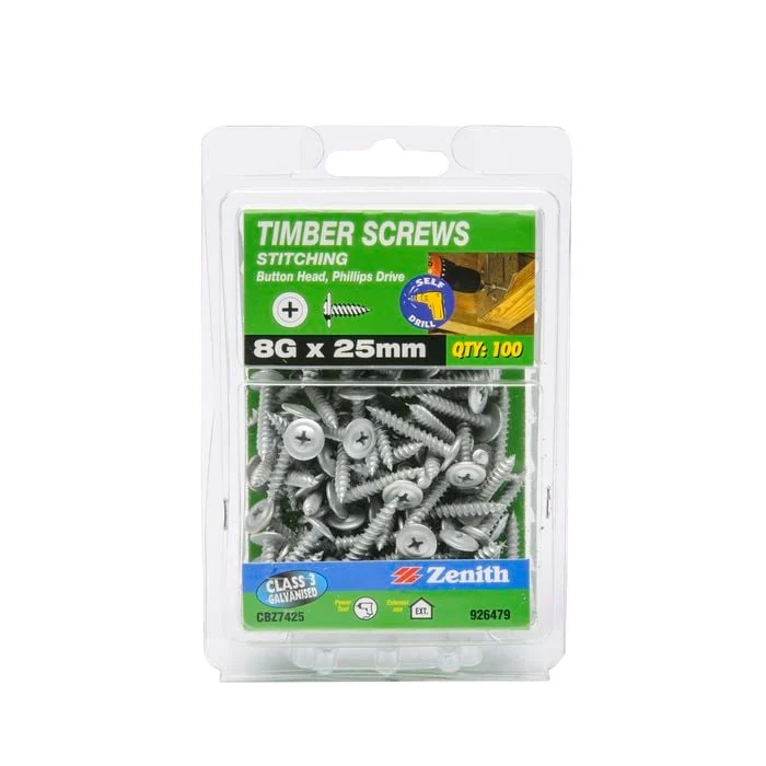 Zenith 8G x 25mm Galvanised Button Head Stitching Timber Screws - 100 Pack