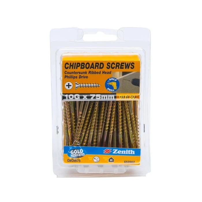 Zenith 10G x 75mm Countersunk Rib Head Chipboard Screws - 50 Pack
