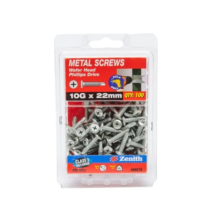 Zenith 10G x 22mm Galvanised Wafer Head Metal Screws - 100 Pack