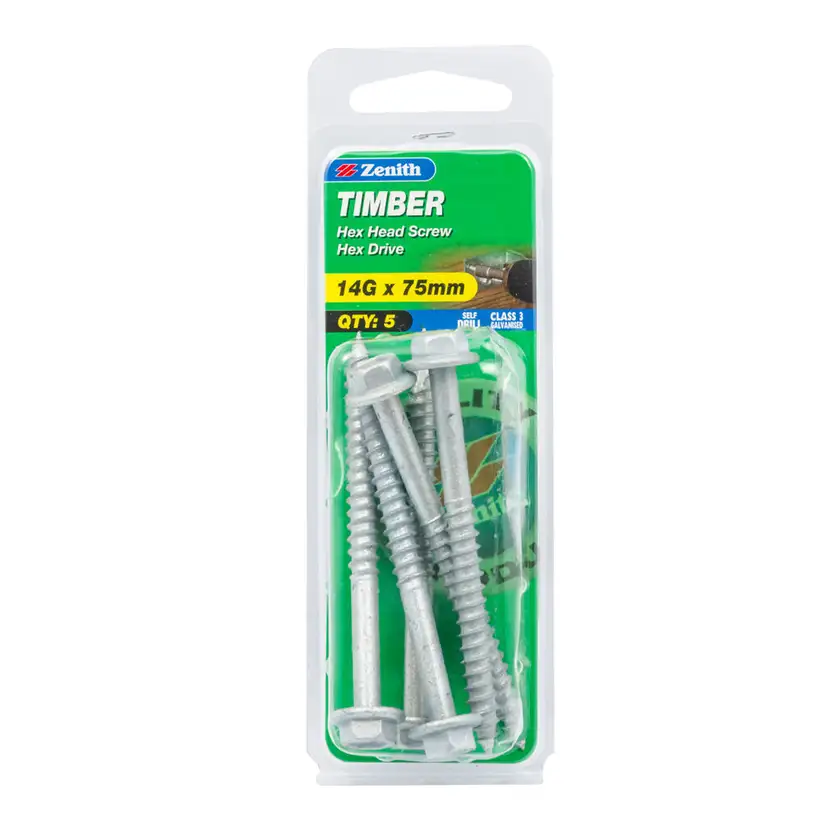 Zenith Timber Hex Head Screw Hex Drive 14G x 75mm - 5 Pack