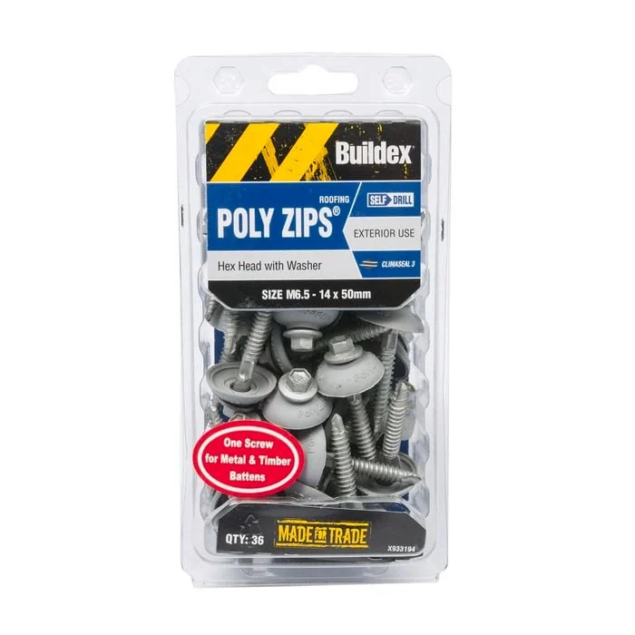 Buildex 14 x 50mm M6.5 PolyZip Self Drilling Roof Screws - 36 Pack