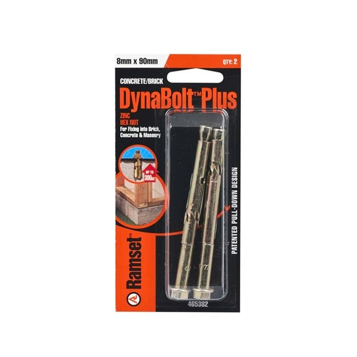 Ramset Dynabolt Hex M8 X 90mm Zinc Passivated 2pk