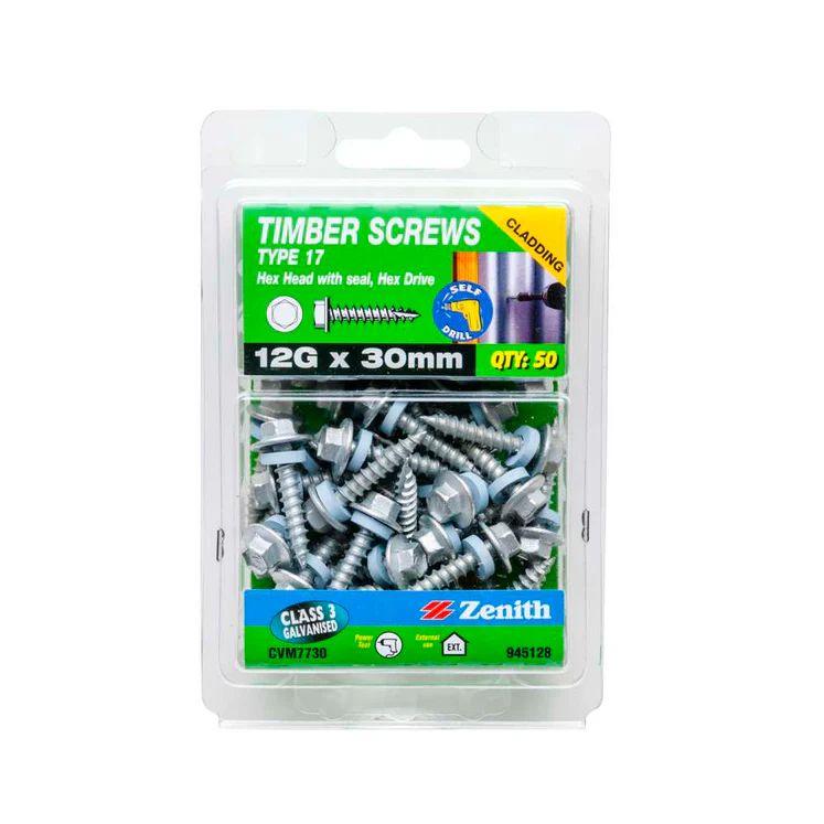 Zenith Timber Screw Type 17 Hex W/ Seal 12g X 30mm (50pk)