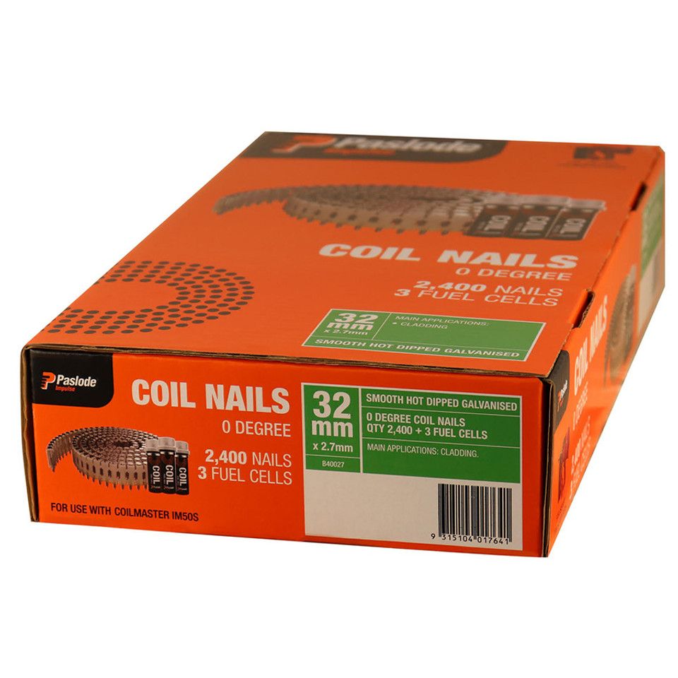 Paslode 2.7mm X 32mm Hgd Nails Impulse Coilmaster Box Of 2400 + 3 Fuel Cells - B40027