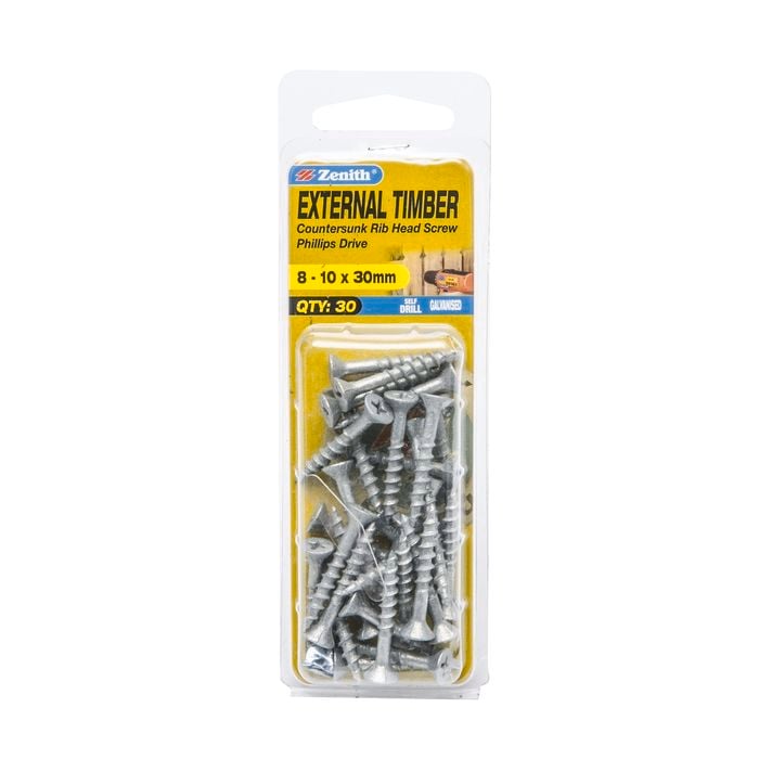 Zenith 8 - 10 x 30mm Galvanised Countersunk Rib Head External Timber Screws - 30 Pack