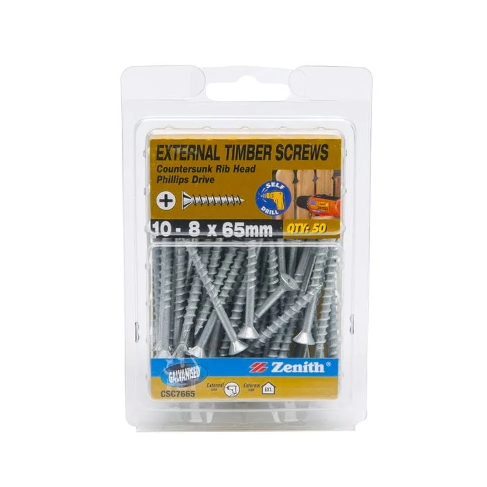 Zenith 10 - 8 x 65mm Galvanised Countersunk Rib Head Timber Screws - 50 Pack