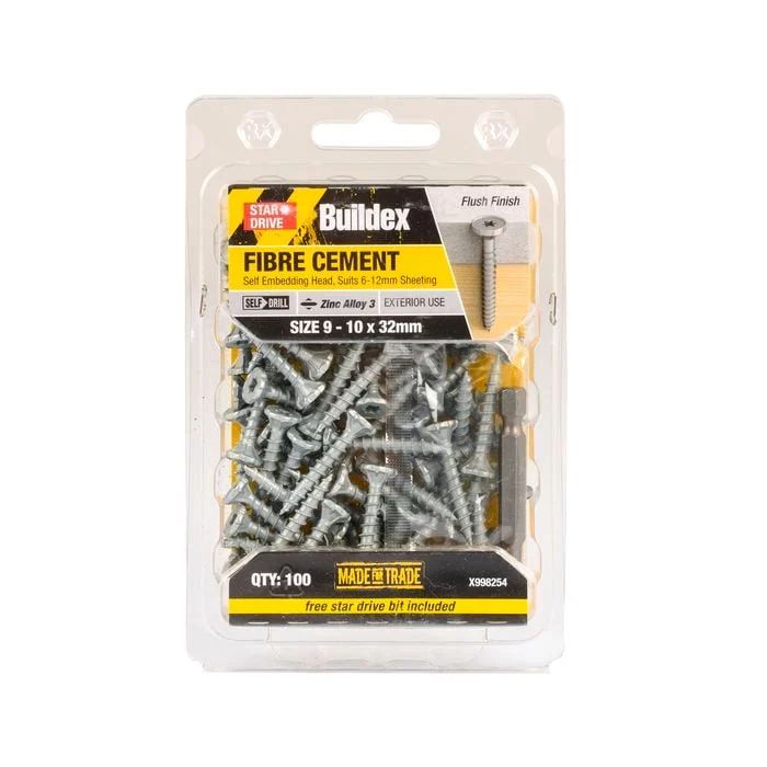 Buildex 9 - 10 X 32mm Zinc Alloy 3 Star Head Fibre Cement Screws - 100 Pack