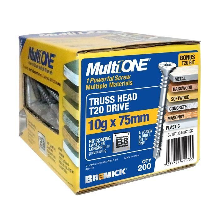 10g (4.8mm) X 75mm B8® Bremick Multione™ Countersunk Truss Torx (t20) Multi Screws Treated Pine