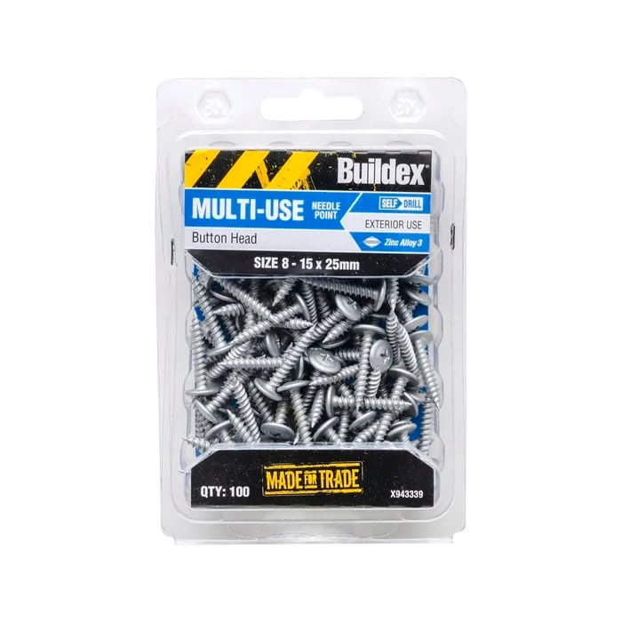 Buildex 8 - 15 x 25mm Button Head Needle Point Screw - 100 Pack