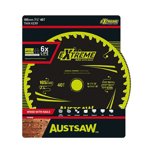 Austsaw Extreme Wood/Nails 185x20/16x40t Thin Kerf