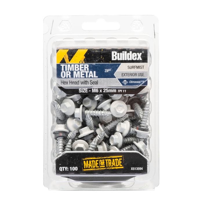 Buildex M6 x 25mm Surfmist Roof Zip C4 HexHead Screws - Box 100