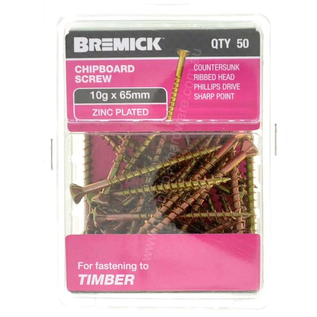 Bremick 10gx65mm Countersunk Chipboard Screw Phillips Zinc Plated 50pcs