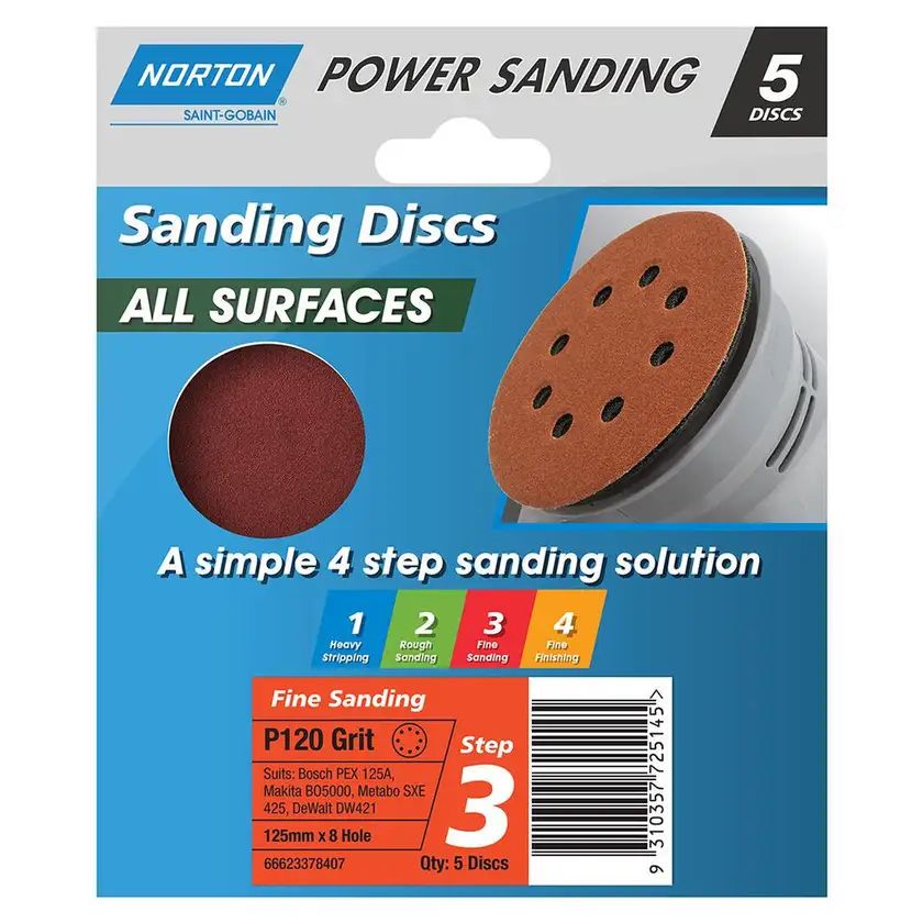 Norton Speedgrip Sanding Disc All Surfaces 125mm X 8 Hole - Fine P120 - 5 Pack