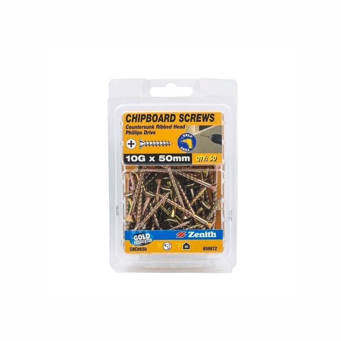 Screw Chipboard Zenith ++ 10g X 50mm Ph Csk Gp Box 500