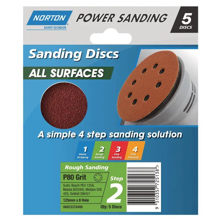 Norton Speedgrip Disc 125mm X 8h Step 2 P80 Grit - 5 Pack